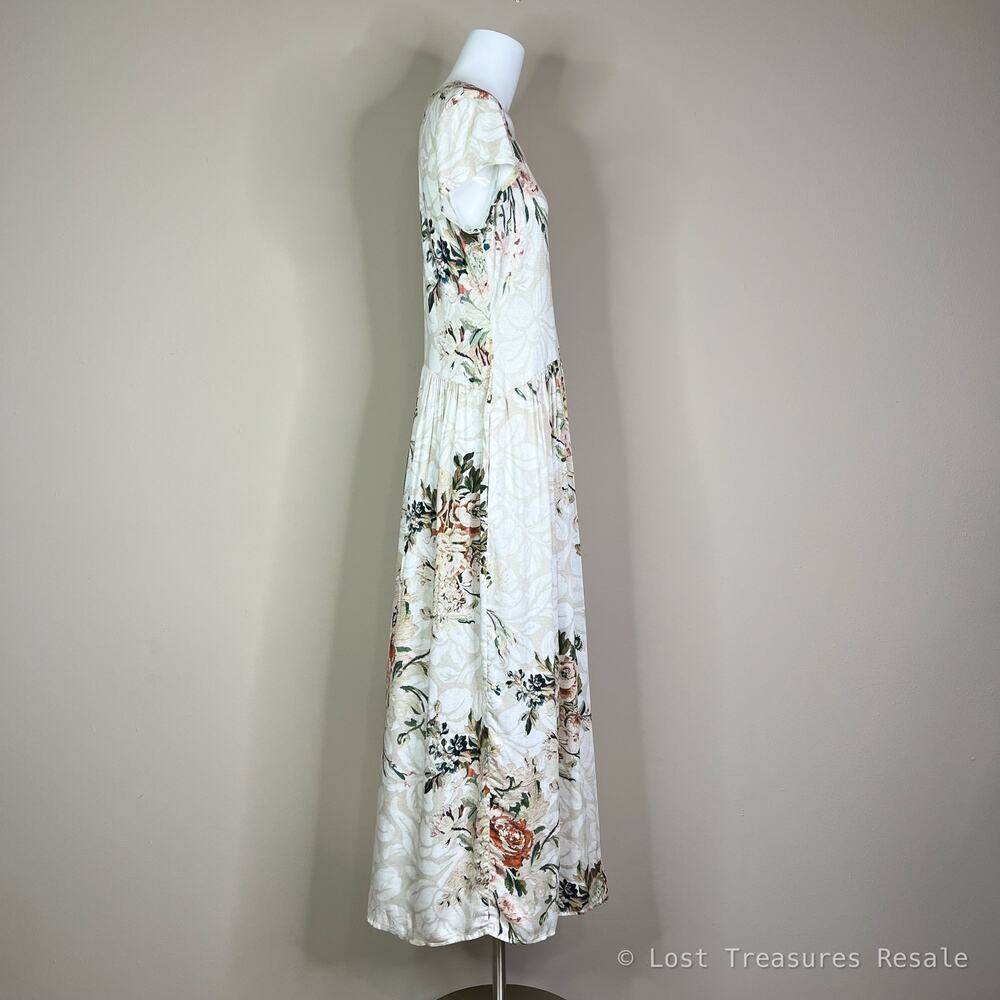 Peruvian Connection | Antique Floral Print Short Sleeve Soft Cream Midi Dress M - Picture 5 of 10